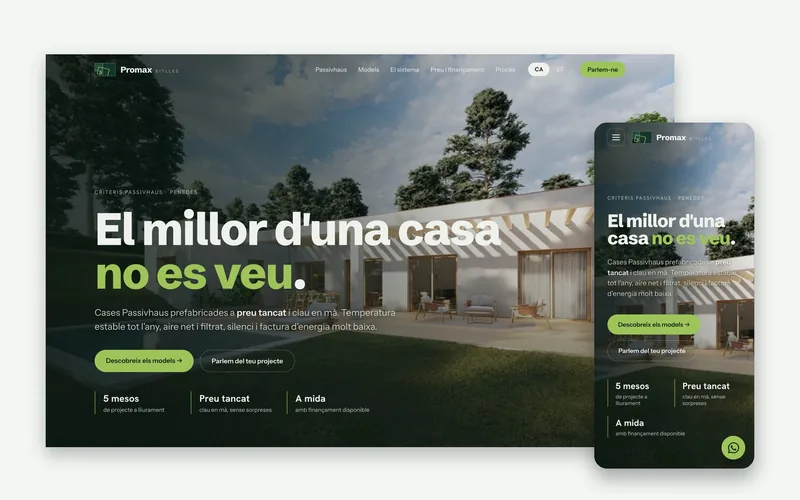 Web de Promax Bitlles en escritorio y en móvil, con una casa Passivhaus en la portada.