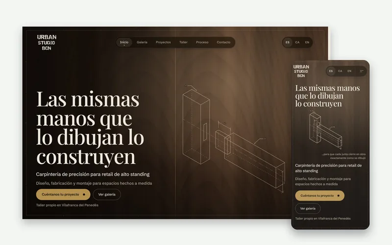 Web de Urban Studio BCN en escritorio y en móvil, con una portada en madera de nogal.